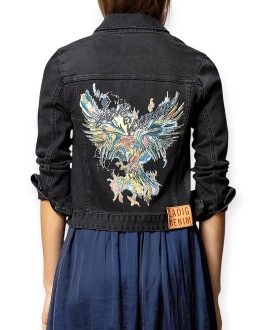 ZADIG & VOLTAIRE Size Medium Kioky Eagle Distressed Grunge Denim Jacket In Noir